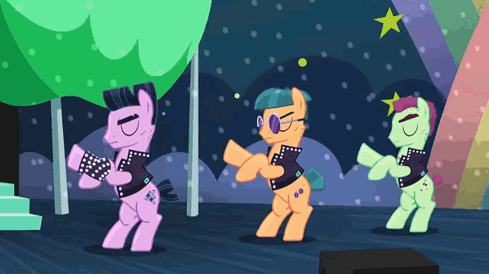 Size: 700x393 | Tagged: safe, derpibooru import, screencap, new wave (character), smooth move, spectrum shades, earth pony, the mane attraction, animated, background dancers, backup dancers, hoofy-kicks, male, stallion, trio
