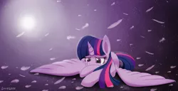 Size: 1176x600 | Tagged: safe, artist:vavacung, derpibooru import, twilight sparkle, twilight sparkle (alicorn), alicorn, pony, crying, feather, female, mare, sad, solo, spread wings, stars, sun, wings