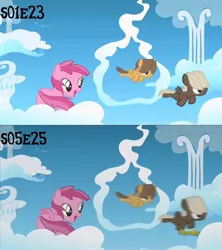 Size: 800x900 | Tagged: safe, derpibooru import, edit, edited screencap, screencap, cloudwalker, cupid (character), dumbbell, hoops, earth pony, pegasus, pony, the cutie mark chronicles, the cutie re-mark, animation error, blank flank, cloud, colt, comparison, discovery family logo, error, female, filly, flying, foal, hooves, male, on a cloud, race swap, spread wings, standing on cloud, text, wings