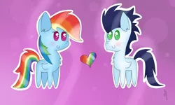 Size: 1024x614 | Tagged: safe, artist:prancuss, derpibooru import, rainbow dash, soarin', pony, chibi, female, heart, male, shipping, soarindash, straight