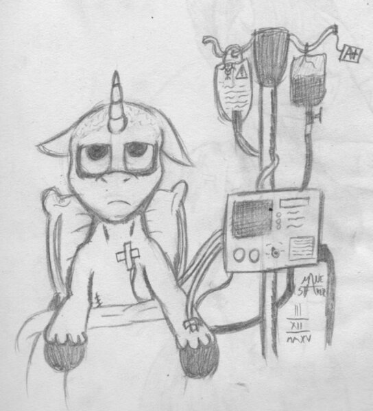 Size: 851x939 | Tagged: semi-grimdark, artist:mane-shaker, derpibooru import, oc, oc:mane shaker, unofficial characters only, pony, unicorn, bald, cancer (disease), hospital, life moments, machine, monochrome, pillow, sad, scar, solo, traditional art