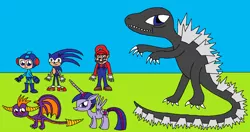 Size: 2410x1268 | Tagged: safe, artist:killerbug2357, derpibooru import, twilight sparkle, twilight sparkle (alicorn), alicorn, kaiju, pony, 1000 hours in ms paint, crossover, female, godzilla, godzilla (series), mare, mario, megaman, ms paint, sonic the hedgehog, sonic the hedgehog (series), spyro the dragon, super mario bros.