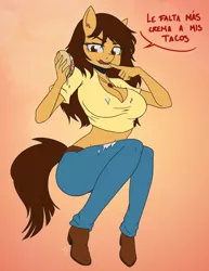 Size: 850x1100 | Tagged: suggestive, artist:enyoiyourself, derpibooru import, oc, oc:maría teresa de los ponyos paguetti, unofficial characters only, anthro, belly button, belt, breasts, brown eyes, brown hair, cleavage, clothes, cream, female, food, jeans, jewelry, licking, licking lips, long hair, messy eating, midriff, necklace, orange skin, pants, pony coloring, shirt, short shirt, spanish, taco, tongue out