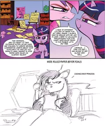 Size: 846x1008 | Tagged: artist:carnivorouscaribou, bed, comic, derpibooru import, female, filly, filly twilight sparkle, my tiny gecko, oc, oc:rough sketch (carnivorouscaribou), princess cadance, reading, safe, sketch, spoiler:comic, spoiler:comic12, stare down, twilight sparkle, younger