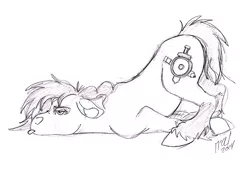 Size: 710x485 | Tagged: safe, artist:carnivorouscaribou, derpibooru import, oc, oc:rough sketch (carnivorouscaribou), unofficial characters only, pony, bleh, female, floppy ears, mare, monochrome, scootie belle, sketch, solo, tongue out, traditional art