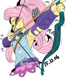 Size: 948x1100 | Tagged: safe, artist:nekubi, derpibooru import, fluttershy, equestria girls, friendship games, :t, archery, armpits, arrow, blushing, bow (weapon), bow and arrow, clothes, eyes closed, female, shivering, simple background, solo, sweat, weapon, white background