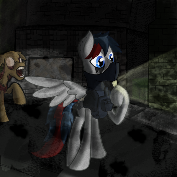 Size: 894x894 | Tagged: grimdark, artist:xeno-scorpion-alien, derpibooru import, oc, unofficial characters only, pegasus, pony, undead, zombie, alone, body armor, city, flashlight (object), resident evil, soldier