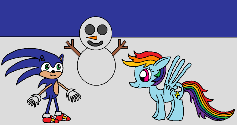 Size: 1203x634 | Tagged: 1000 hours in ms paint, artist:killerbug2357, crossover, derpibooru import, ms paint, rainbow dash, safe, snowman, sonic the hedgehog, sonic the hedgehog (series)