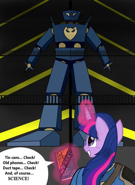 Size: 931x1280 | Tagged: safe, artist:nuka-kitty, derpibooru import, twilight sparkle, pony, robot, semi-anthro, big book of science, bipedal, book, clothes, crossover, fallout, funny, jaguar (omf), magic, one must fall 2097, science, smiling, vault suit