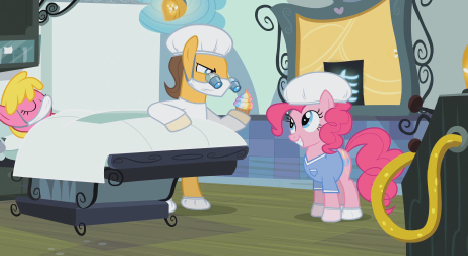 Size: 468x256 | Tagged: safe, derpibooru import, screencap, cherry berry, doctor horse, doctor stable, pinkie pie, firefly (insect), insect, pinkie pride, cupcake, food, hoof gloves, hospital, image, png, rainbow cupcake, smiling, smirk, surgeon, surgery, vinyl gloves, x-ray, x-ray picture