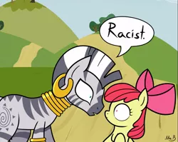 Size: 991x788 | Tagged: apple bloom, artist:mrbastoff, comic, derpibooru import, racism, reaction image, safe, that's racist, when she doesn't rhyme, zebra, zecora