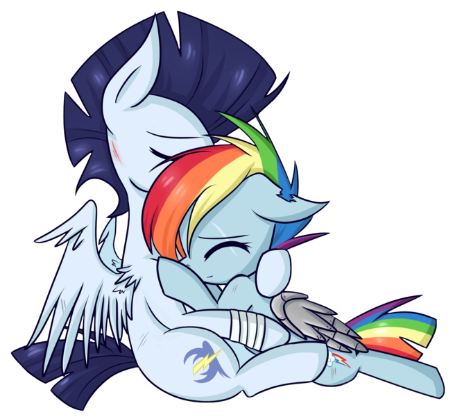 Size: 2091x1883 | Tagged: safe, artist:littlecloudie, derpibooru import, rainbow dash, soarin', pony, the cutie re-mark, alternate timeline, amputee, apocalypse dash, artificial wings, athletic tape, augmented, backwards cutie mark, crystal war timeline, cute, dashabetes, eyes closed, female, floppy ears, hug, leg wraps, male, prosthetic limb, prosthetic wing, prosthetics, scar, shipping, smiling, soarinbetes, soarindash, straight, wings
