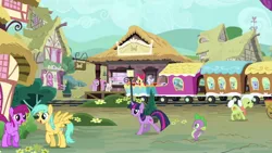 Size: 1280x720 | Tagged: apple bloom, applecore, berry punch, berryshine, character request, cutie mark crusaders, derpibooru import, granny smith, hub logo, piña colada, piña cutelada, safe, scootaloo, screencap, spike, sunshower raindrops, sweetie belle, theme song, train, twilight sparkle, youtube link