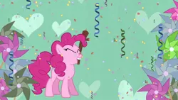 Size: 1280x720 | Tagged: safe, derpibooru import, screencap, pinkie pie, earth pony, pony, the ticket master, female, mare, mouth hold, pinkie's gala fantasy song, pinwheel (toy), solo, streamers, youtube link