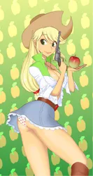 Size: 1484x2780 | Tagged: suggestive, artist:manmaru00, derpibooru import, applejack, human, equestria girls, abstract background, apple, apple print underwear, applebucking thighs, applebutt, applejack's hat, belt, belt buckle, big breasts, blushing, boots, breasts, busty applejack, butt, cleavage, clothes, colt single action army, cowboy boots, cowboy hat, cute, cutie mark, cutie mark on clothes, cutie mark underwear, denim, denim skirt, female, food, freckles, gun, hair tie, handgun, hat, humanized, looking at you, microskirt, no trigger discipline, open clothes, panties, pistol, ponytail, pose, revolver, sexy, shirt, shoes, side view, sinfully sexy, skirt, skirt lift, smiling, solo, solo female, standing, stetson, stupid sexy applejack, thighs, unbuttoned, underwear, upskirt, weapon, white panties, white underwear