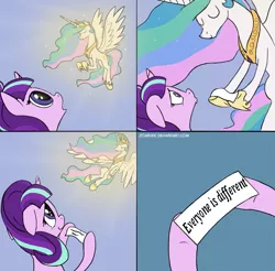 Size: 1277x1258 | Tagged: artist:zoarvek, celestia's message to starlight, cropped, derpibooru import, edit, exploitable meme, flying, meme, princess celestia, safe, smiling, starlight glimmer