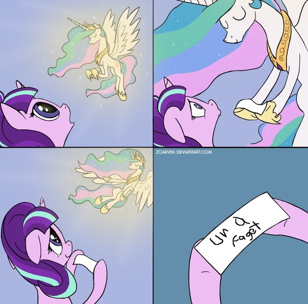 Size: 1039x1024 | Tagged: safe, artist:zoarvek, derpibooru import, edit, princess celestia, starlight glimmer, alicorn, pony, unicorn, celestia's message to starlight, exploitable meme, eyes closed, faggot, flying, meme, ms paint, open mouth, paper, smiling, spread wings, ur a faget, vulgar, wings