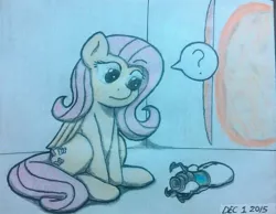 Size: 608x472 | Tagged: artist:ljdamz1119, colored, derpibooru import, fluttershy, portal, portal gun, portal (valve), safe, solo, traditional art