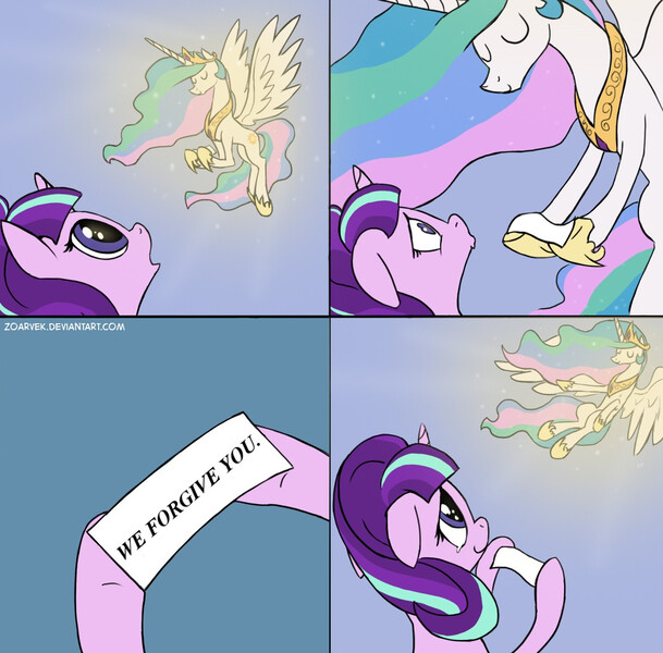 Size: 1277x1258 | Tagged: safe, artist:zoarvek, derpibooru import, edit, princess celestia, starlight glimmer, alicorn, pony, unicorn, celestia's message to starlight, cropped, duo, exploitable meme, female, flying, forgiveness, mare, meme, smiling