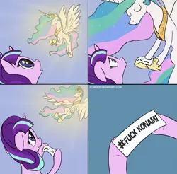 Size: 1277x1258 | Tagged: artist:zoarvek, celestia's message to starlight, cropped, derpibooru import, edit, exploitable meme, flying, #fuckonami, jim fucking sterling son, jim sterling, konami, meme, princess celestia, safe, starlight glimmer, vulgar