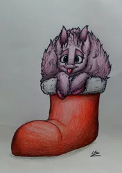 Size: 1911x2714 | Tagged: safe, artist:lupiarts, derpibooru import, part of a set, oc, oc:fluffle puff, unofficial characters only, pony, advent calendar, christmas, christmas stocking, goomba's shoe, holiday, solo, traditional art