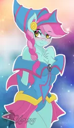 Size: 580x1000 | Tagged: anthro, artist:zombies-pudding, blushing, dark magician girl, derpibooru import, oc, oc:satchel charge, safe, solo, unofficial characters only, yu-gi-oh!