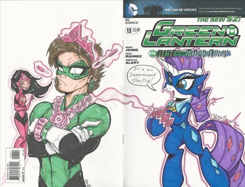 Size: 1024x782 | Tagged: artist:ponygoddess, carol ferris, comic cover, derpibooru import, green lantern, hal jordan, power ponies, power ponies (episode), radiance, rarity, safe, star sapphire, unamused