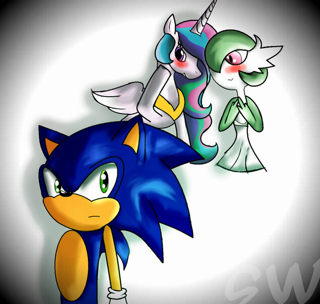 Size: 1380x1308 | Tagged: artist:samanthawolfox, commission, crossover, derpibooru import, gardevoir, pokémon, princess celestia, safe, shipping, sonic gets all the mares, soniclestia, sonic the hedgehog, sonic the hedgehog (series)