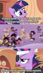 Size: 500x844 | Tagged: safe, derpibooru import, edit, edited screencap, screencap, twilight sparkle, crystal pony, pony, unicorn, it's about time, the cutie re-mark, alternate timeline, armor, caption, child friendly warfare, crystal war timeline, cut, epic pony war, female, future twilight, helmet, image macro, male, mare, mind control, royal guard, sombra soldier, stallion, text, unicorn twilight