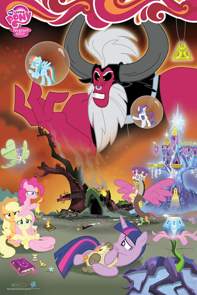 Size: 1204x1800 | Tagged: safe, derpibooru import, applejack, boneless, discord, fluttershy, lord tirek, owlowiscious, pinkie pie, rainbow dash, rarity, twilight sparkle, twilight sparkle (alicorn), alicorn, breezie, pony, season 4, twilight's kingdom, enterplay, female, friendship journal, golden oaks library, mane six, mare, merchandise, poster, princess discord, rainbow thread, scorpan's necklace, seabreeze's flower, twilight's castle, wonderbolt badge