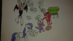 Size: 900x506 | Tagged: artist:geekygraphics42, crossover, derpibooru import, knuckles the echidna, master emerald, rarity, rouge the bat, safe, sonic the hedgehog (series), spike, traditional art