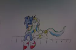 Size: 1280x853 | Tagged: artist:redrangerki, crossover, derpibooru import, kissing, princess celestia, safe, shipping, soniclestia, sonic the hedgehog, sonic the hedgehog (series), traditional art