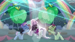 Size: 1920x1080 | Tagged: safe, derpibooru import, screencap, coloratura, limelight, new wave (character), spectrum shades, turbo bass, pony, the mane attraction, background dancers, butt, cheekbones, countess coloratura, female, mare, plot, raised leg, stage