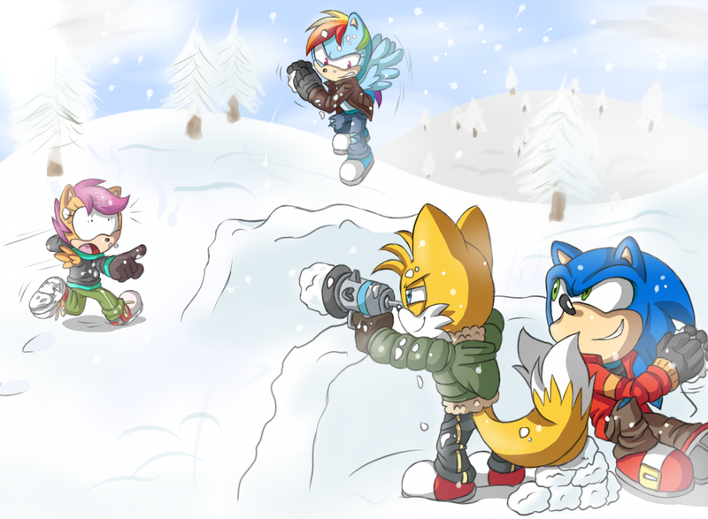 Size: 1246x914 | Tagged: anthro, artist:atomiclance, crossover, dead source, derpibooru import, fox, gun, miles "tails" prower, plantigrade anthro, rainbow dash, safe, scootaloo, snow, snowball, snowball fight, snowfall, snow fort, sonicified, sonic the hedgehog, sonic the hedgehog (series), weapon