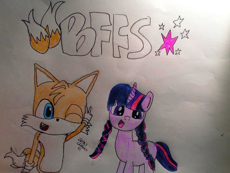 Size: 1280x960 | Tagged: artist:geekygraphics42, crossover, derpibooru import, miles "tails" prower, safe, shipping, sonic the hedgehog (series), traditional art, twilight sparkle, twitails, younger