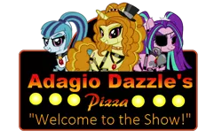 Size: 800x500 | Tagged: safe, artist:kombatantchampion, derpibooru import, adagio dazzle, aria blaze, sonata dusk, ponified, pony, unicorn, animatronic, endoskeleton, eyepatch, five nights at adagio's, five nights at freddy's, hat, hook, sign, simple background, spikes, text, the dazzlings, top hat, transparent background, vector