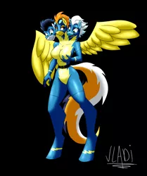Size: 3129x3745 | Tagged: anthro, artist:vladiverse, black background, clothes, conjoined, conjoined triplets, derpibooru import, fleetfoot, fusion, multiple heads, simple background, soarin', spitfire, suggestive, three-headed pony, three heads, unguligrade anthro, uniform, we have become one, wonderbolts, wonderbolts uniform