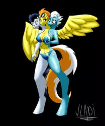 Size: 3129x3745 | Tagged: anthro, artist:vladiverse, black background, conjoined, conjoined triplets, derpibooru import, fleetfoot, fusion, multiple heads, pegasus, polycephaly, simple background, soarin', spitfire, suggestive, three-headed pony, three heads, unguligrade anthro, we have become one, what has magic done, wonderbolts