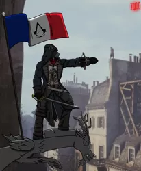 Size: 1650x2000 | Tagged: anthro, arno dorian, artist:lucandreus, assassin's creed, assassin's creed unity, crossover, derpibooru import, discord, french flag, saber, safe, unguligrade anthro, weapon