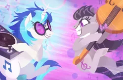 Size: 1004x654 | Tagged: safe, artist:justasuta, derpibooru import, octavia melody, vinyl scratch, earth pony, pony, unicorn, slice of life (episode), cello, female, grin, hooves, horn, lineless, mare, music battle, musical instrument, scene interpretation, smiling, sunglasses