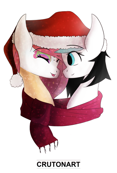 Size: 1280x1889 | Tagged: safe, artist:crutonart, derpibooru import, oc, oc:cruton, oc:sugar skull, unofficial characters only, christmas, couple, cute, female, happy holidays, hat, hearth's warming eve, holiday, lesbian, love, santa hat, shipping, sorasku, tongue out