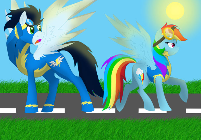 Size: 700x488 | Tagged: safe, artist:colourstrike, derpibooru import, rainbow dash, soarin', pony, clothes, female, male, shipping, soarindash, straight, sun, uniform, wonderbolt trainee uniform, wonderbolts uniform