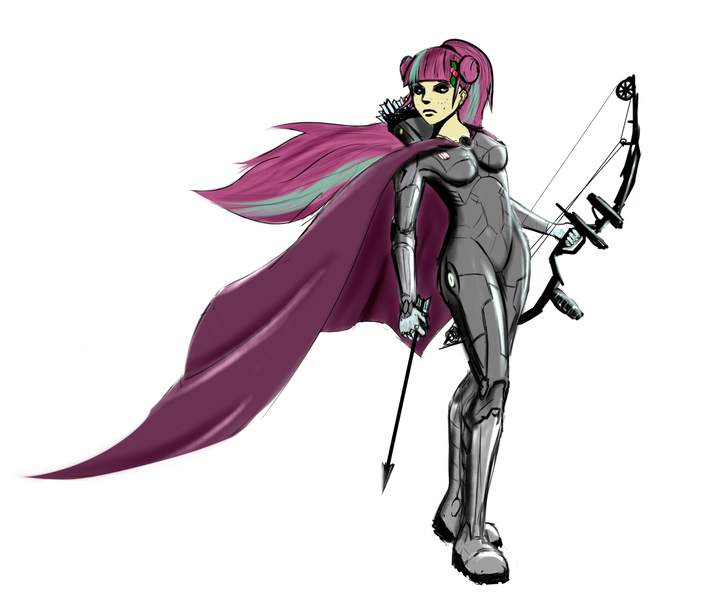 Size: 1626x1392 | Tagged: safe, artist:spacehunt, derpibooru import, sour sweet, equestria girls, friendship games, archery, arrow, badass, battle suit, bow (weapon), bow and arrow, cape, cloak, clothes, simple background, solo, weapon