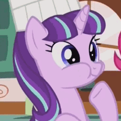 Size: 363x363 | Tagged: safe, derpibooru import, screencap, starlight glimmer, pony, unicorn, the cutie re-mark, animated, aweeg*, chef's hat, chewing, chipmunk cheeks, cropped, cute, eating, female, friends are always there for you, glimmerbetes, hat, loop, mare, puffy cheeks, raised hoof, solo