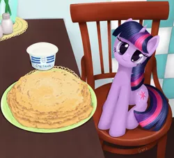 Size: 2777x2520 | Tagged: artist:galekz, behaving like a cat, chair, crepe, cute, cyrillic, derpibooru import, food, head tilt, i'm pancake, kitchen, kot blini, lidded eyes, looking at you, pancakes, parody, ponified animal photo, russian, safe, sitting, smiling, solo, sour cream, twilight sparkle