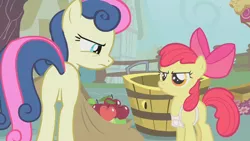 Size: 1280x720 | Tagged: apple bloom, bon bon, bon bon is not amused, call of the cutie, derpibooru import, i didn't put those in my bag, safe, screencap, sweetie drops, unamused