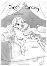 Size: 850x1186 | Tagged: artist:stepandy, bed, chest fluff, comic:i'll catch you dancing, derpibooru import, grayscale, monochrome, princess celestia, prone, realistic horse legs, solo, suggestive, title page, unshorn fetlocks