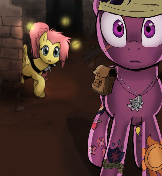 Size: 2483x2688 | Tagged: 2012, alternate hairstyle, artist:mmmenagerie, bag, cutie mark, depth of field, derpibooru import, dog tags, firefly (insect), fluttershy, headband, insect, meeting, saddle bag, safe, scar, surprised, sword, twilight sparkle, weapon