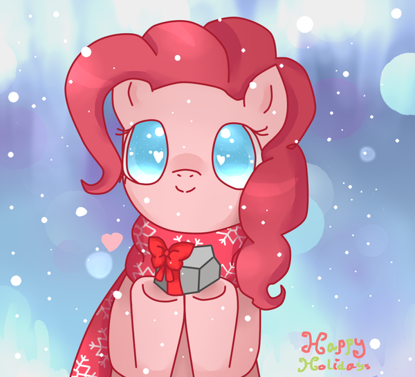 Size: 600x546 | Tagged: safe, artist:saiadass, derpibooru import, pinkie pie, christmas, clothes, happy holidays, heart eyes, hearth's warming, holiday, looking at you, present, scarf, snow, snowfall, solo, wingding eyes