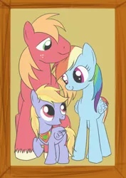 Size: 438x618 | Tagged: safe, artist:karmadash, derpibooru import, big macintosh, rainbow dash, oc, oc:d'arcy spice, earth pony, pony, family, family photo, female, male, offspring, parent:big macintosh, parent:rainbow dash, parents:rainbowmac, rainbowmac, shipping, stallion, straight